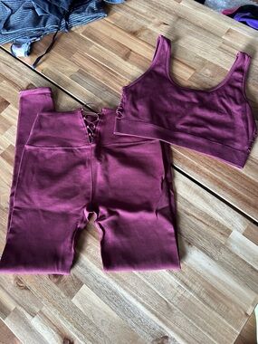 Fabletics Demi Lavato Ribbed  Scoop Sports Bra and High-Waist Leggings Burgundy